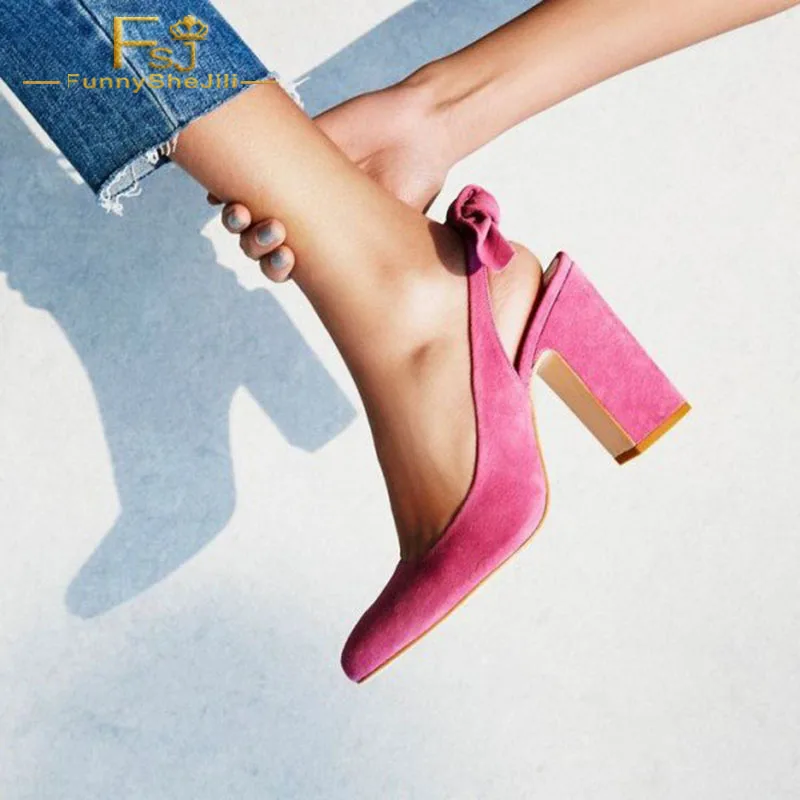 

FSJ Women Shoes Ladies Pumps 2018 Spring Autumn Pink Commuting Suede Pointed Toe Chunky Heels Slingback Big Size Shoes 11 12 13
