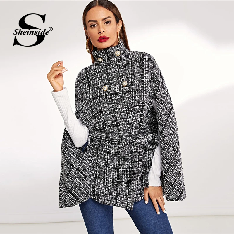 Goede Sheinside Zwart en Wit Plaid Jassen En Jassen Vrouwen Tie Taille Tweed Cape Jas Vrouwen Bovenkleding Mantel Mouw Herfst Jas