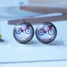 Let is ride round earring mujer señora moda bicicleta pendientes hechos a mano vidrio vintage antiguo bronce stud pendientes 12mm