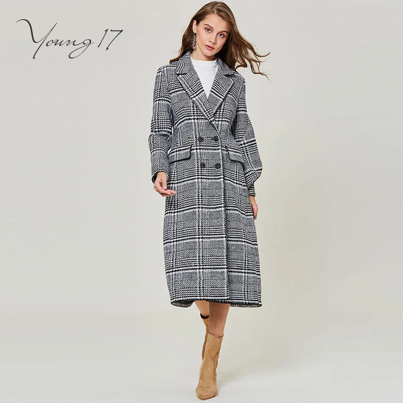 Beste Young17 vrouwen lange herfst winter wollen jas turn down kraag pocket zwart houndstooth plaid knop kantoor elegante wollen overjas