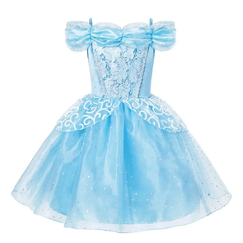 MUABABY/летнее платье принцессы для девочек; Детский Костюм Золушки с открытыми плечами и цветочным рисунком; нарядная одежда с блестками для дня рождения - Цвет: Cinderella Dress