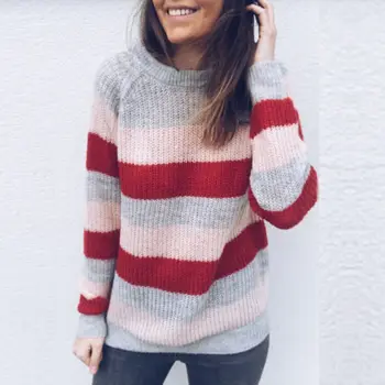 

Oversize Women Sweater Striped Warm Knitted Long Sleeve Knit Sweaters Tops Pullover Outwear Autumn Winter Tops