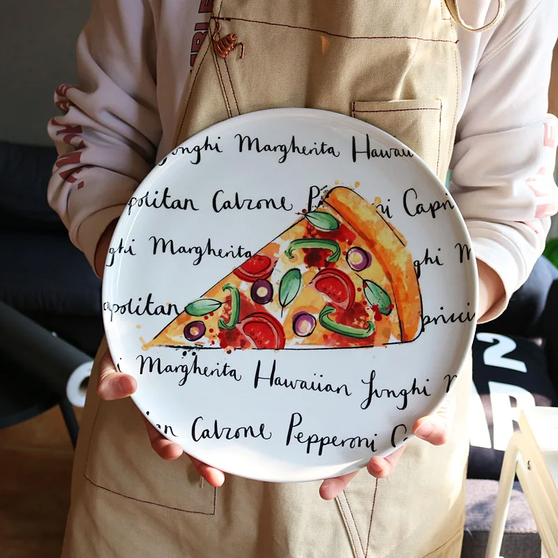 

12-inch Dinner Plate Ceramic Color/Watercolor Effect Pizza Pattern Big Plate