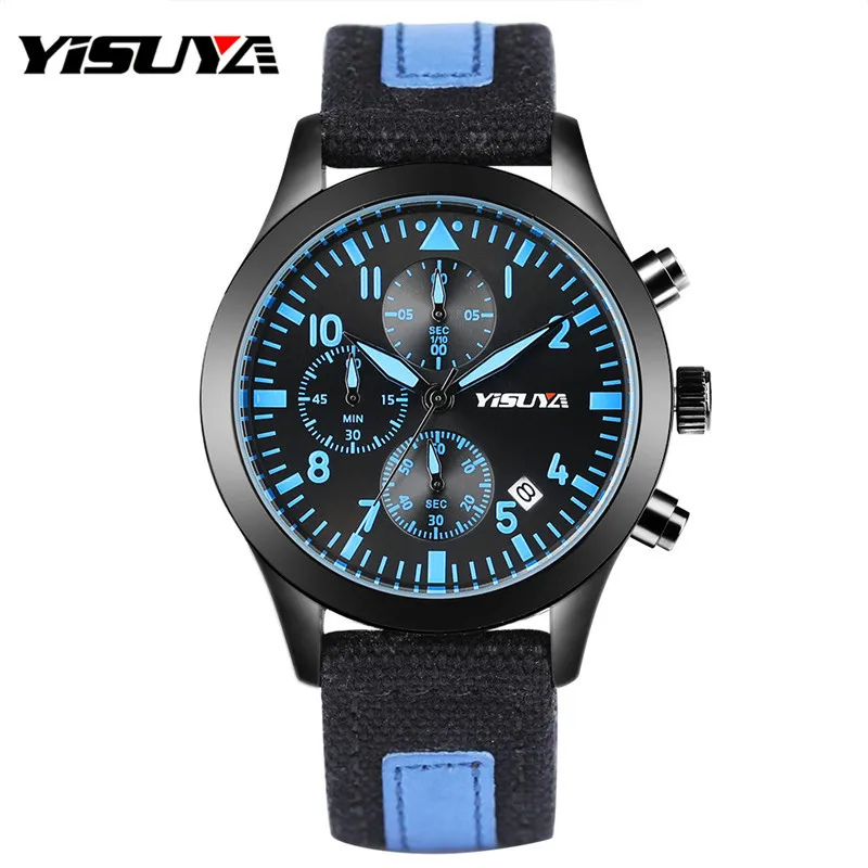 

YISUYA Aviator Men Watch Blue/Green Strap Chronograph Luminous Function Watches Three Sub Dials Stylish Young Teens Wristwatches