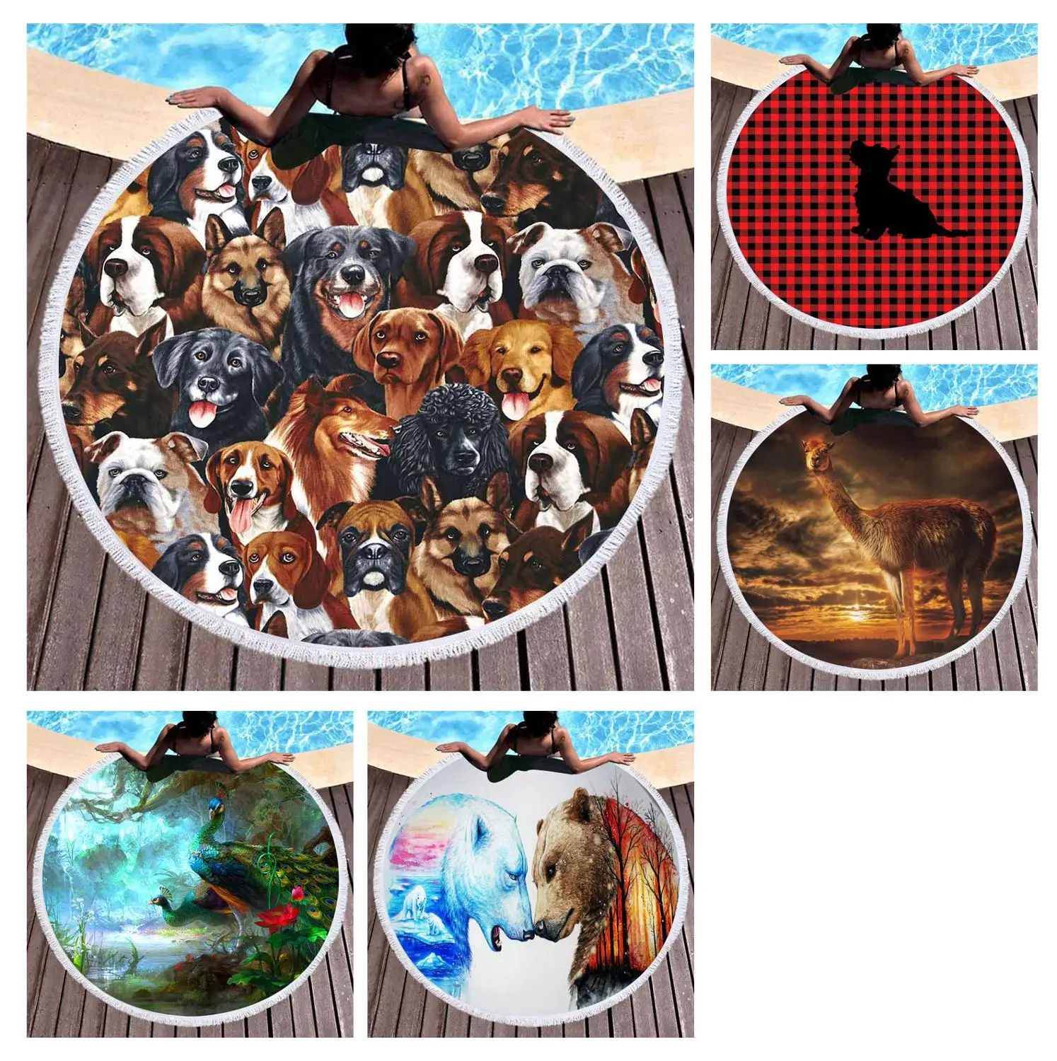 

Free shipping Novelty Gift Oil Painting Dogs Lama Alpaca Bear Peacock Print Fringed Large Surfing Swim Bath Beach Towel Blanket