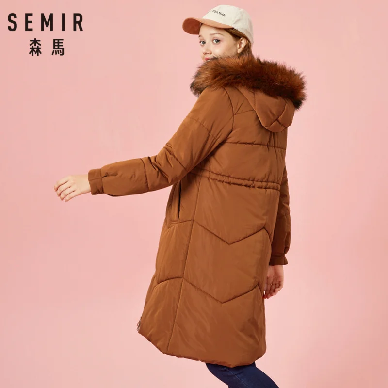 Cena SEMIR damski wyściełany płaszcz z kapturem z odpinanym Faux wykończone futrem z kapturem ocieplana kurtka ze skośnymi kieszeniami Zip i zapięcie na zatrzask