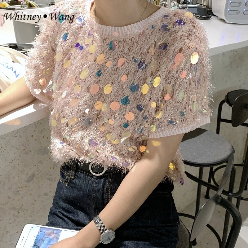 WHITNEY WANG 2019 Летняя мода Уличная кисточкой блёстки футболка для женщин футболки |