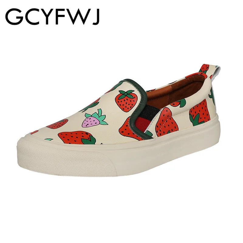 

GCYFWJ Genuine Leather Loafers Female 2019 Summer New Strawberry Printing Single Shoes Street Style Half Slippers Women's Shoes