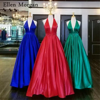 Red Blue Satin Prom Dresses for Women Long Halter Floor Length Zipper Beaded Real Photos Formal Evening Party Gowns 2019 Red Blue Satin Prom Dresses for Women Long Halter Floor Length Zipper Beaded Real Photos Formal Evening Party Gowns 2019