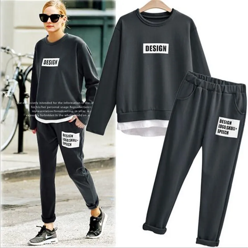 

2 Pieces Set Female Letter Print Tracksuits Plus Size Sweatshirt + Pants Trousers Casual Loose Women Suit Outwear