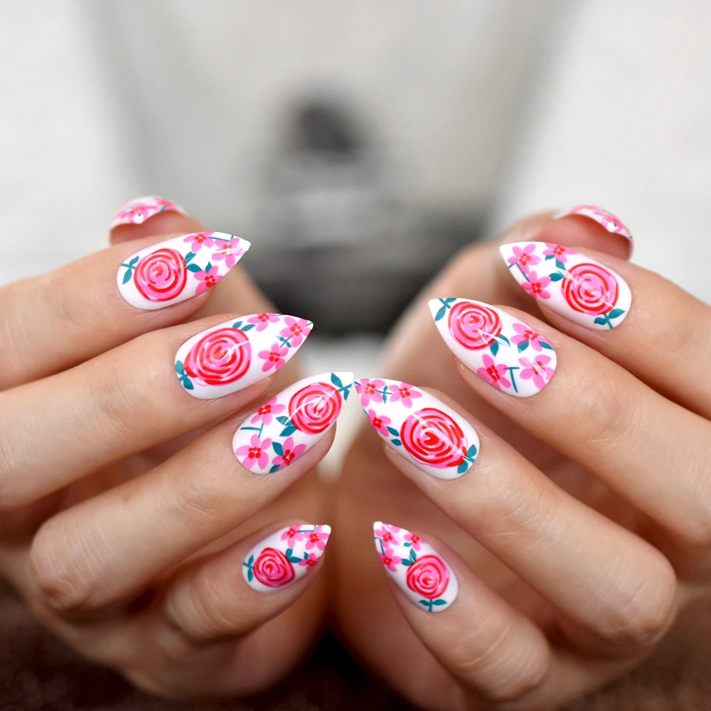 White Pink Flower Medium Fake Nails Rose Full Cover Pointed Nail Tips  Stiletto Unique Pre-designed Nails 24pieces - False Nails - AliExpress