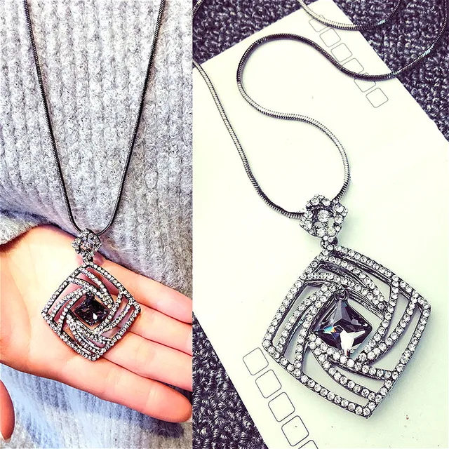 Cheap Vintage Geometric Crystal Long Necklace Women Bijoux Fashion Sweet Jewelry Accessories All Match
