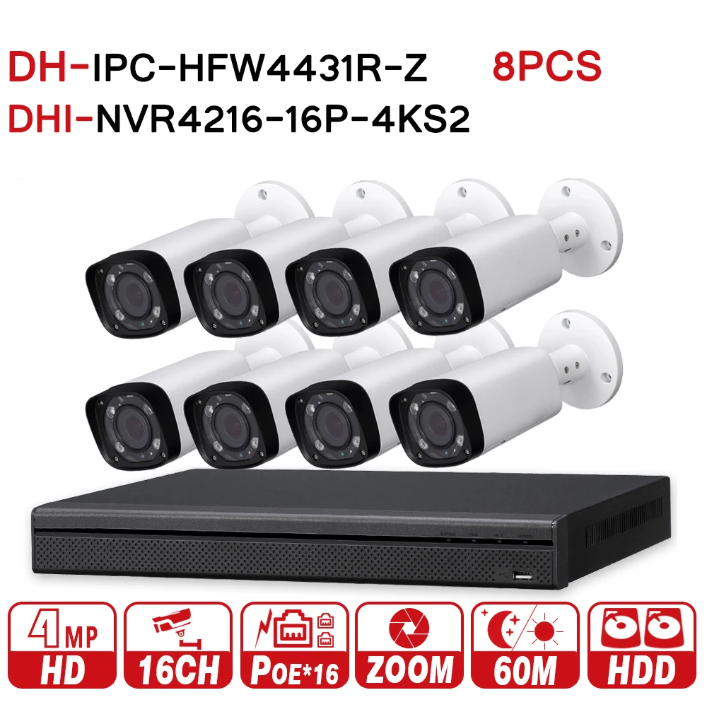 

DH Security CCTV Camera Kit original NVR NVR4216-16P-4KS2 16POE 4K & 8pcs OEM IP Camera Zoom IPC-HFW4431R-Z Surveillance System