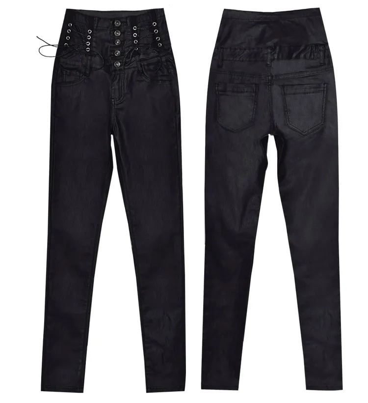 Stretch jeans stretch jeans for women's wear ultra high waist strap decorative coating leather stretch jeans PU large size (9)