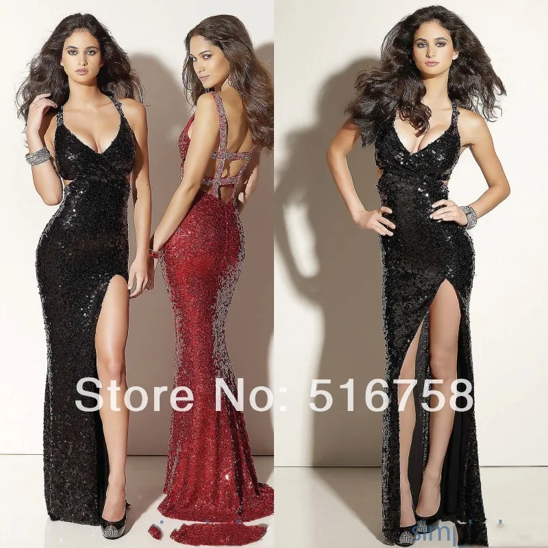 V Neck Open Back Crystal Beaded Sequin High Side Slit Sexy Long Black Red Hot 2014 Prom Dress | Свадьбы и торжества