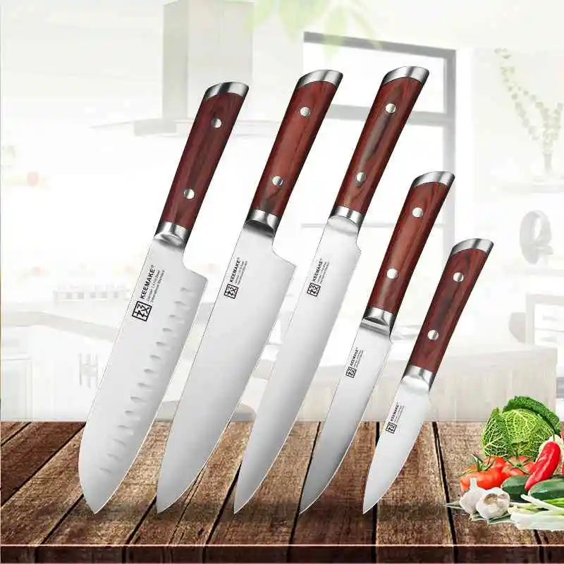 SUNNECKO Профессиональный Santoku универсальный нож для очистки овощей шеф-повара немецкий 1,4116 стальной нож с лезвием цветной деревянной ручкой набор кухонных ножей - Цвет: 5pcs Set B