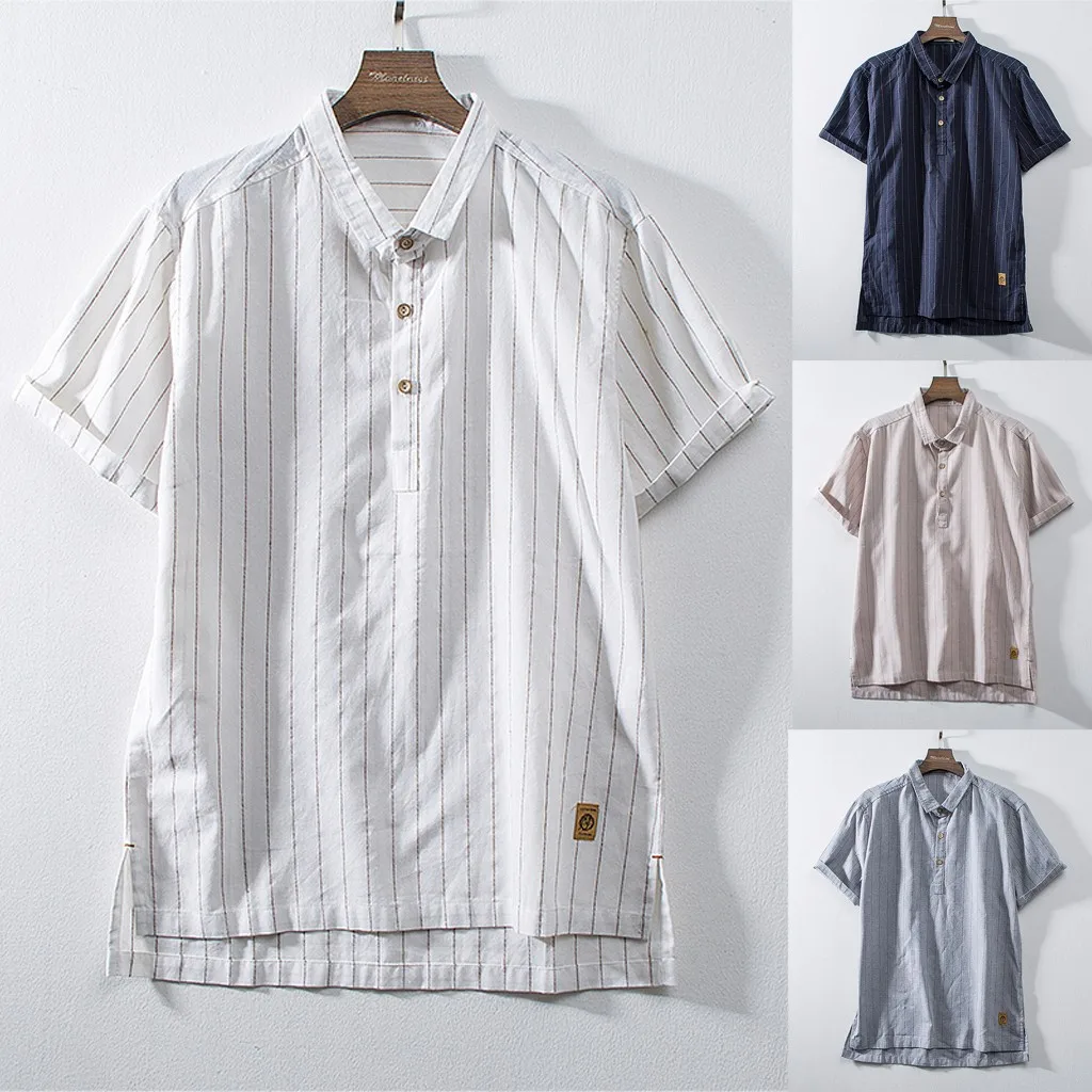 

Fashion Casual Short Sleeve Men's Cotton Linen Solid Stripe Short Sleeve Retro T Shirts Tops