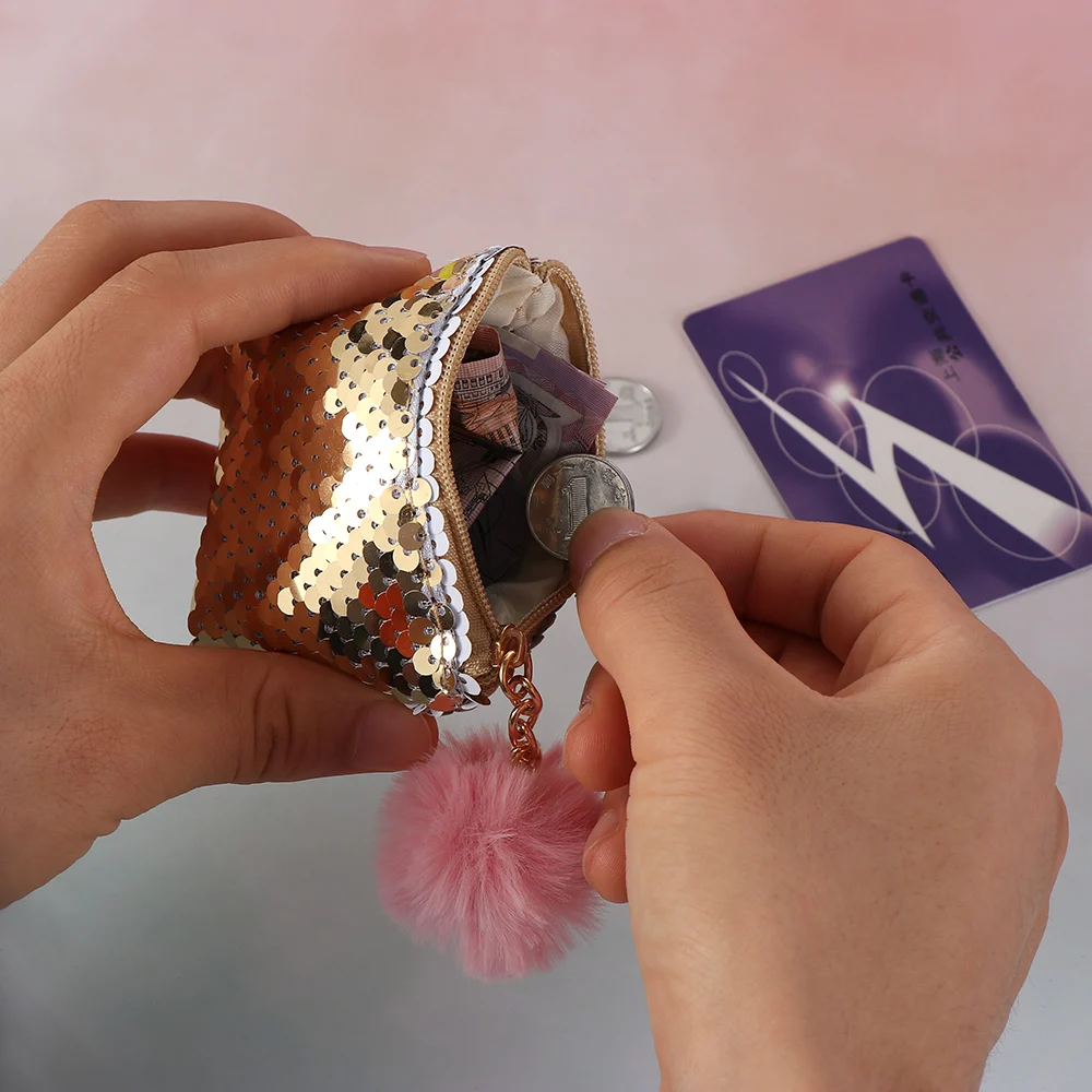 Женская сумка для монет в виде русалки с милым плюшевым шариком и блестками для денег, мини-кошелек, сверкающий кошелек на молнии, пакет для