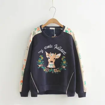 

Japanese Mori Girl Casual Harajuku Hippie Boho Cartoon Deer Print Fleece Side Zipper Women Pullover Hoodies Autumn Sweatshirts
