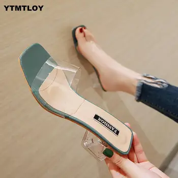

2020 Women Sandals Shoes Celebrity Wearing Simple Style PVC Clear Strappy Buckle High Heels Woman Transparent Heels Yellow