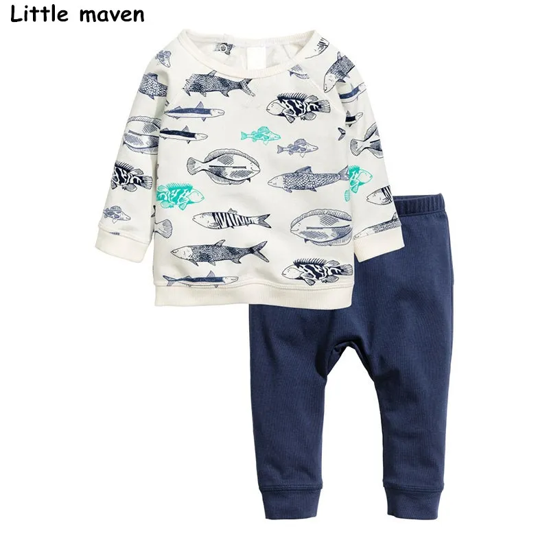 Little maven/комплекты одежды для детей осенняя брендовая хлопковая футболка с длинными рукавами и принтом рыбы, раскрашенная вручную, для мальчиков+ однотонные штаны, 20168
