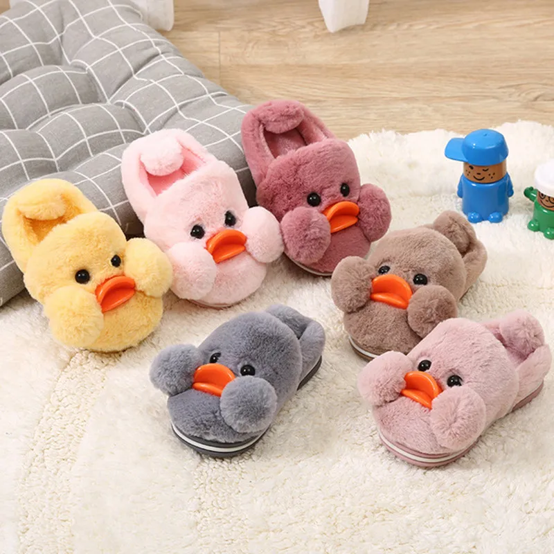 

Children Cotton Indoor Slips Shoes Kids Winter Boys And Girls Home Slippers Baby Non-Slip Cartoon Cute Duck Plush Warming Shoes
