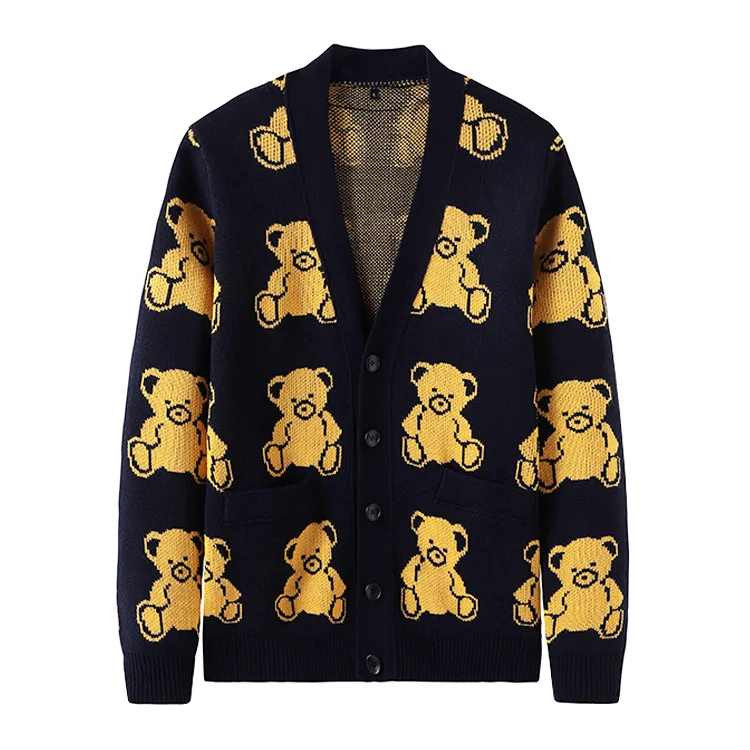 

New 2019 men Luxury Embroidered Bears Knit Casual Sweaters Cardigan Asian Plug Size High quality Drake #J69