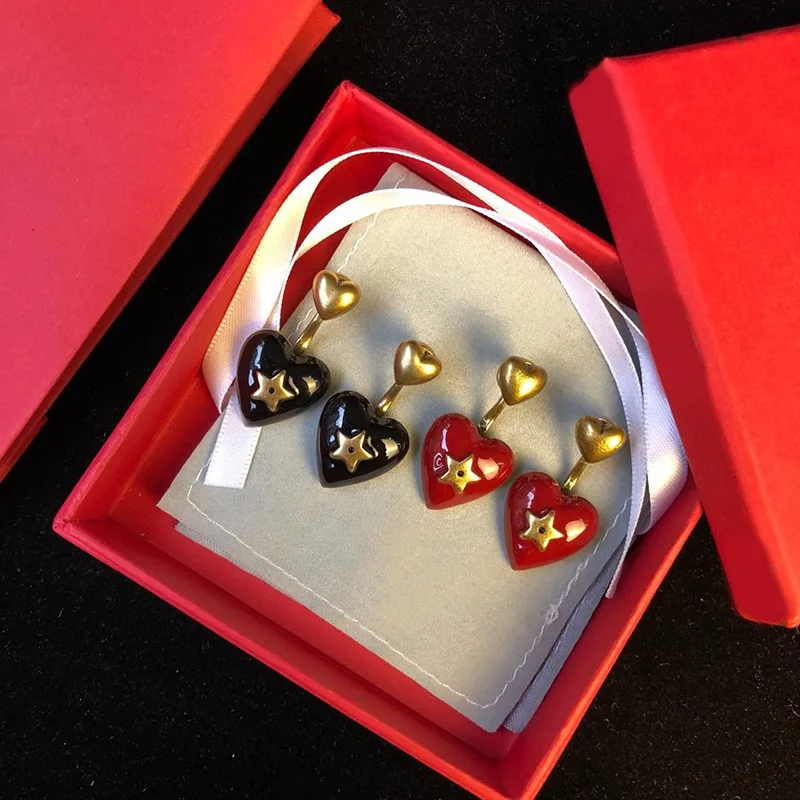 

Hot-selling copper ornaments delicate fashion enamel oil red black heart-shaped star double earrings