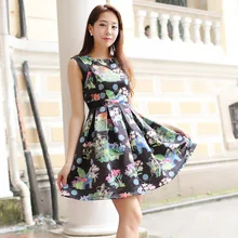 2016 European summer new big swing retro art print dress satin back mesh hollow cut out sleeveless dress