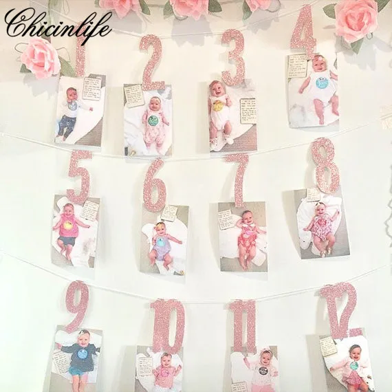 

Chicinlife number 1-12 Months Photo banner Garland Signs Banner First birthday Party baby shower Photo Booth Props decoration