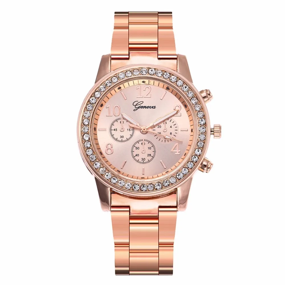 

Hot Fashion Rose Goldm Full Steel Rhinestone Analog Quartz Geneva Women Dress Watches Dropshipping