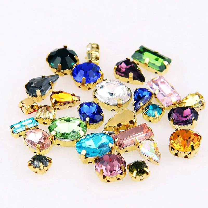 

Mix Size And Mix Shape Transparent Glass Sew On Rhinestone With Four Gold Claw Apply To DIY Clothing Decoration 100pcs