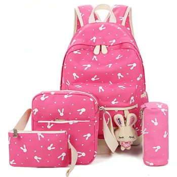 

4Pcs/Sets Women Backpacks Cartoon Rabbit Printing School Backpack Canvas Schoolbags for Teenage Cute Girls Bookbag Children
