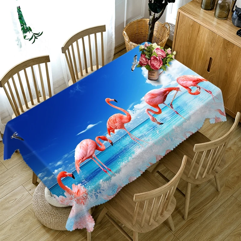 

3D Blue Sea and Sky View Flamingo Family Tablecloth Thicken Cotton Rectangular/Round Table Cloth for Wedding Picnic Party
