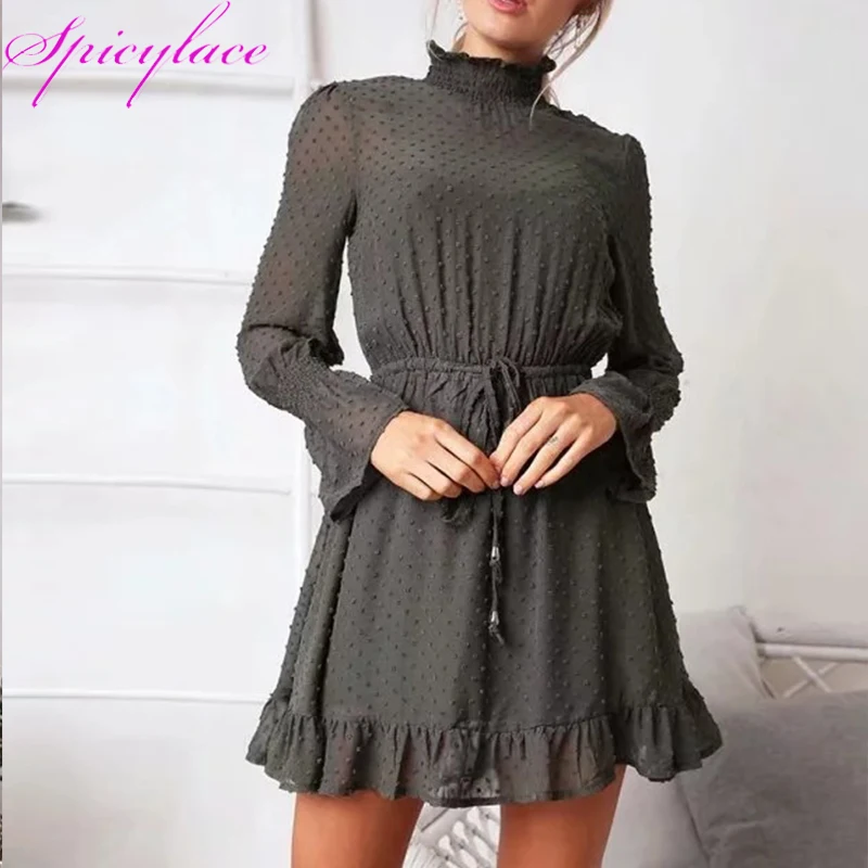 Гофрированное Платье женское boho водолазка осенние вечерние однотонные короткое
