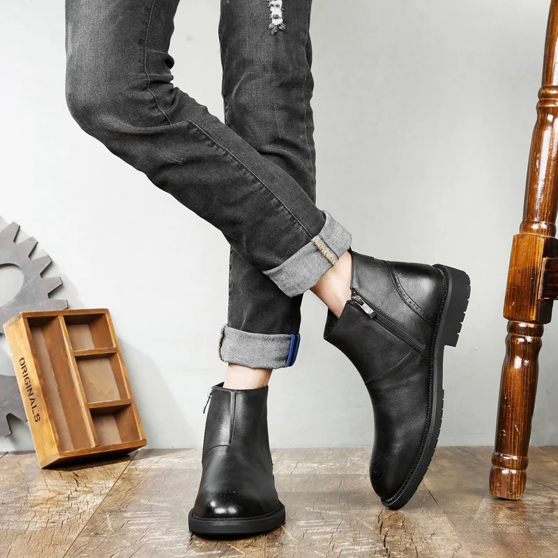 

Ankle Round Toe Zip Men Chelsea Boots Med Sewing Solid Vintage Motorcycle Boots Fashion British Style Shoes