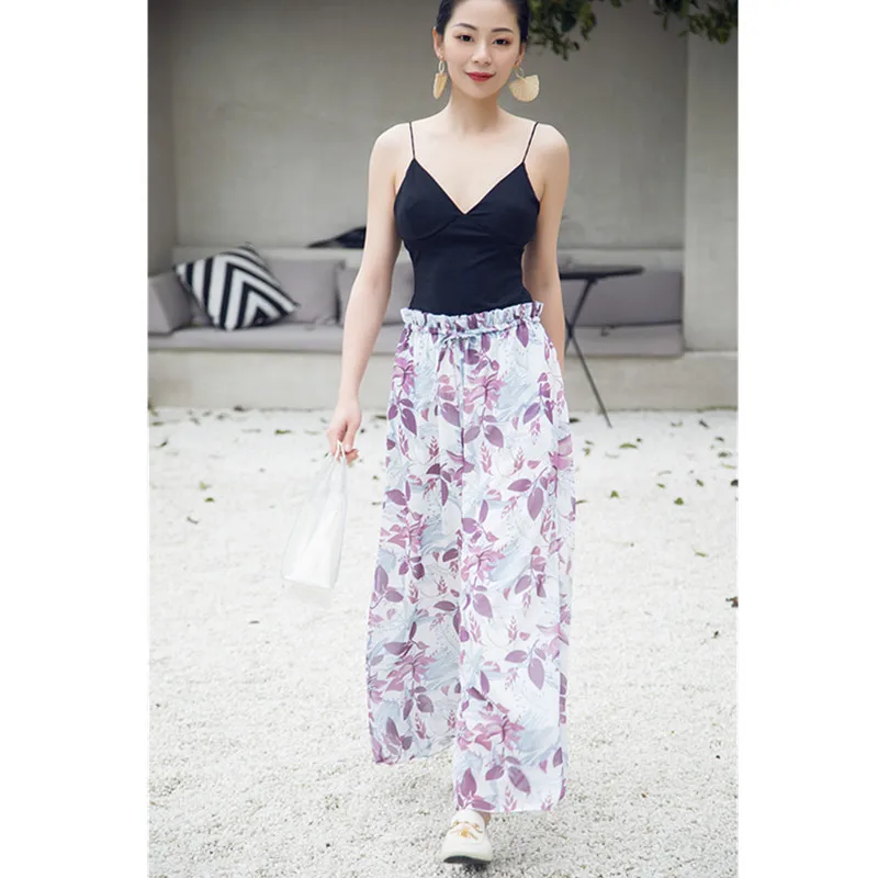 Wide Leg Pant Summer New Elegant Floral Print High Quality Brands Chiffon Pants Thin Cool Ruffles Drawstring Draped Women Pant