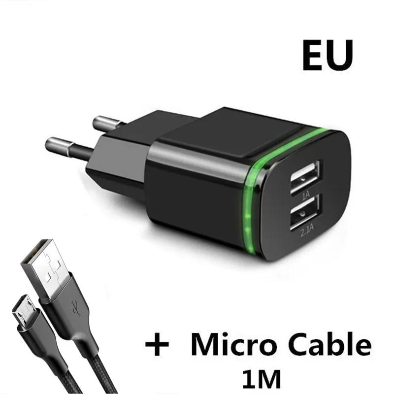 5 В/2,1 а EU/US штекер светодиодный светильник 2 usb порта адаптер для мобильного телефона быстрое настенное зарядное устройство Micro USB кабель для зарядки смарт-устройства - Тип штекера: Black  Micro Cable