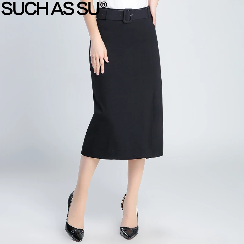 Такая как SU Высококачественная трикотажная юбка-карандаш, женская черная деловая офисная юбка с высокой талией, размер S-3XL, тонкая юбка средней длины - Цвет: Черный