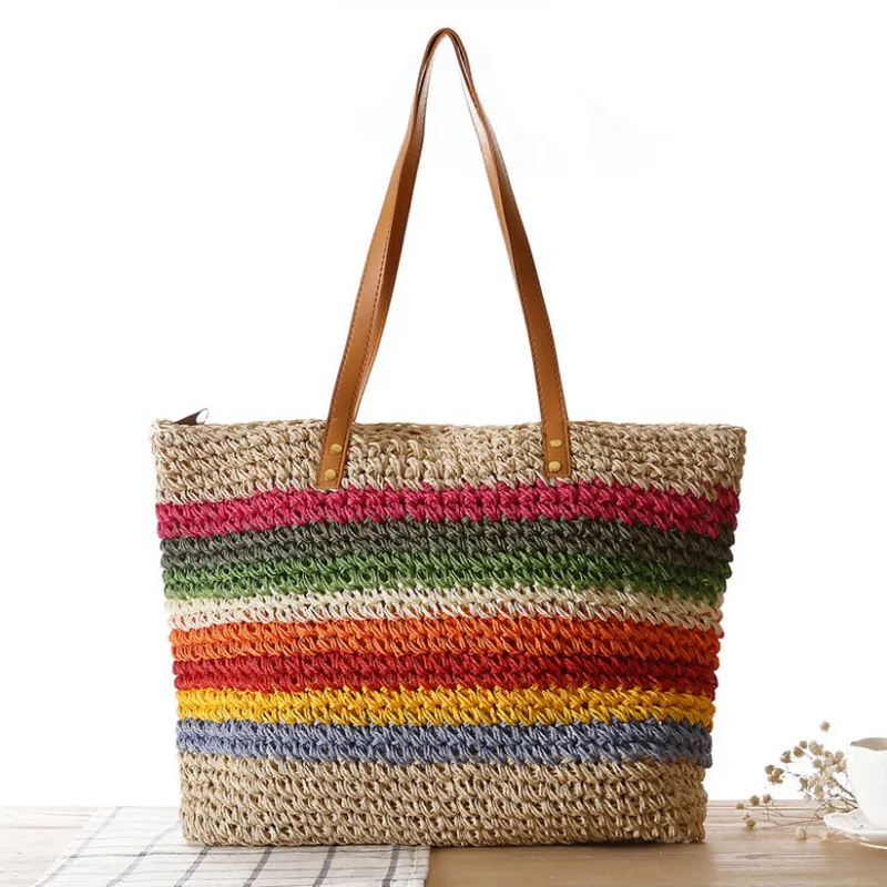 Handmade Colorful Rainbow Bag Summer Beach Bag Weaving Handbags Large