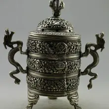 Изысканный китайский коллекционный украшенный старый ручной работы тибетский серебряный двойные драконы ладан горелка