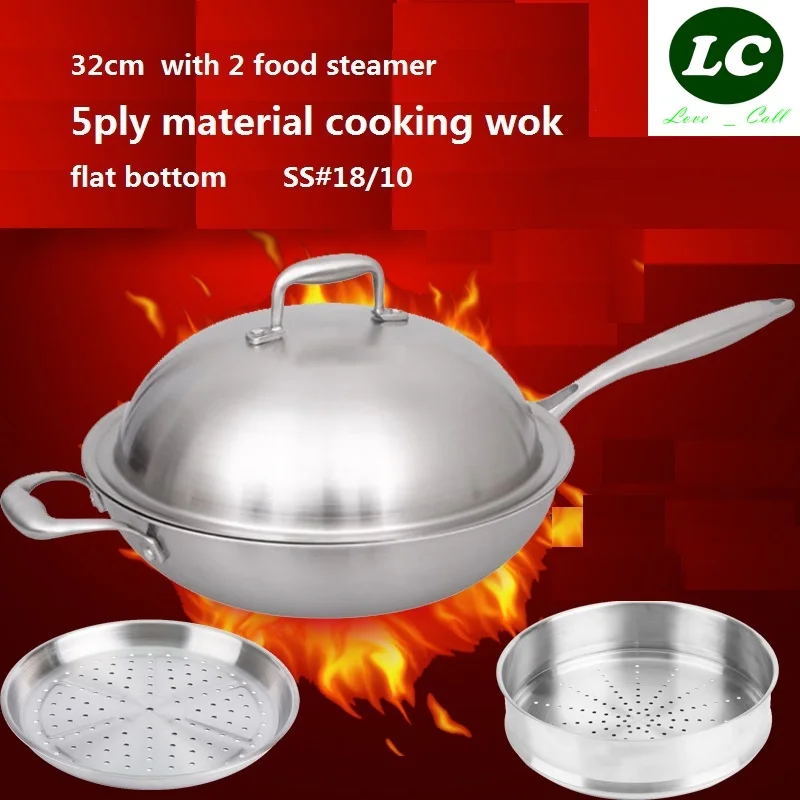 FREE SHIPPING COOKING TOOL WOK PAN 304 stainless steel 5ply fry pan non stick no coating pan