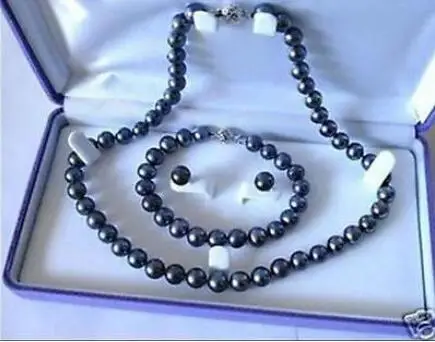 

Free Shipping >>new hot 9-10mm SOUTH SEA AAA Black Pearl Necklace18 Bracelet 7.5+ Earring Set