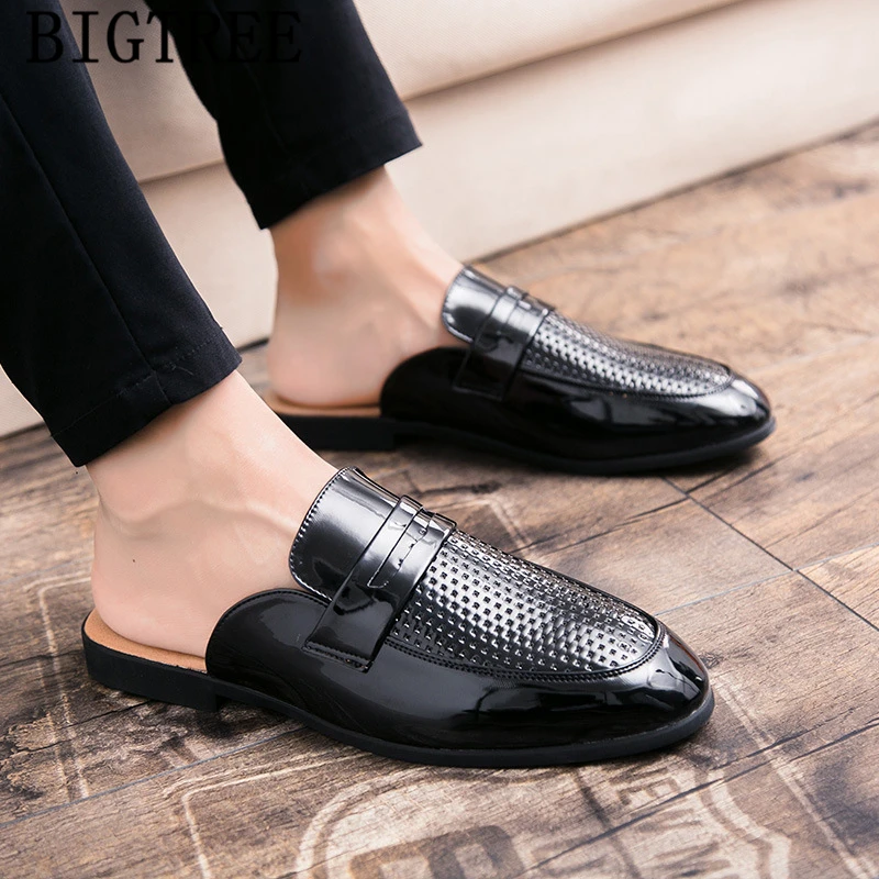 

summer men slippers patent leather slippers mule masculino men half shoe breathable shoes sepatu slip on pria chaussure homme