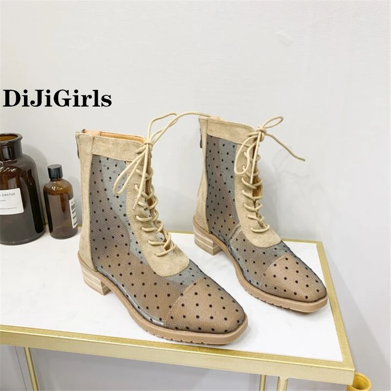 

DiJiGirls Summer Sexy Mesh Shoes Booties Women Sandals Suede +Mesh Material Cross laces Horseshoe Heel Sexy Banquet Woman shoes