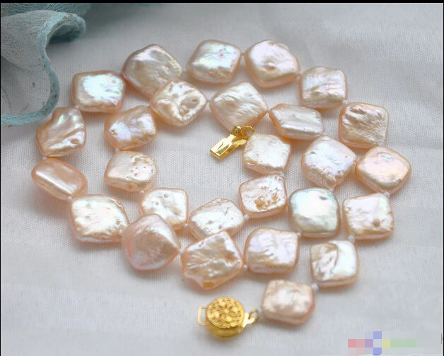 

Wholesale FREE SHIPPING P4387 16" 13mm square opposite angles coin pink freshwater pearl necklace