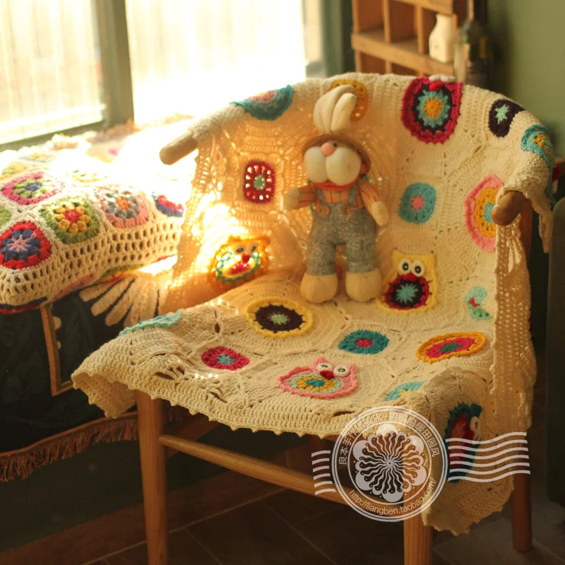 

hot sale 85x85cm white owl cartoon DIY original Hand hooked fashion crochet blanket cushion felt pastoral style gift