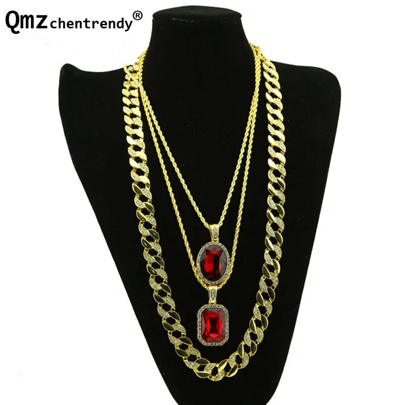 

Square Oval Red Stone Pendants Cuban Link Chain 3 Necklaces Set Gold Color Necklace Hip Hop Necklace Men Women Jewelry
