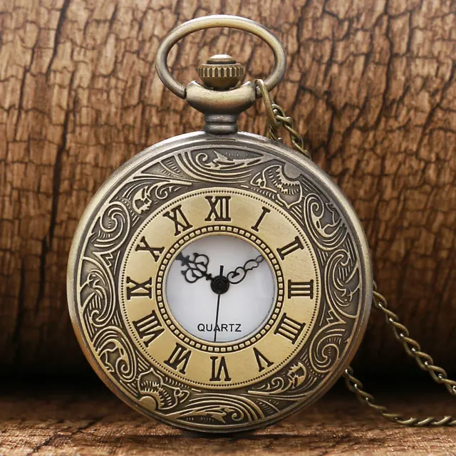 Classical Bronze Hollow Roman Number Case Quartz Fob Pocket Watch with Necklace Classical Bronze Hollow Roman Number Case Quartz Fob Pocket Watch with Necklace