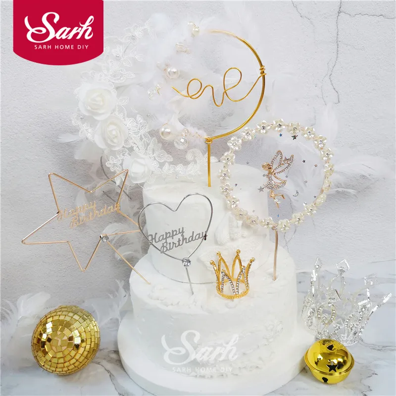 

Gold Iron Star Cake Topper Pearl Love Decorations Happy Birthday for Valentine's Day Party Supplies Baking Decor Lovely Gifts